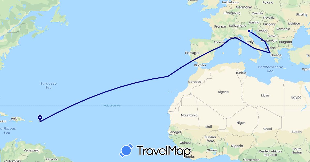 TravelMap itinerary: driving in Spain, France, Greece, Croatia, Italy, Monaco, Netherlands, Portugal (Europe)